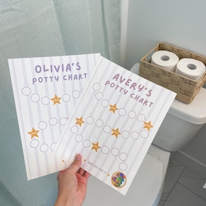 Peut inclure: Deux tableaux de propreté avec les noms "Olivia" et "Avery". Les tableaux ont un fond rayé avec des cercles et des étoiles. Le texte "Yay! You did it" est également visible.