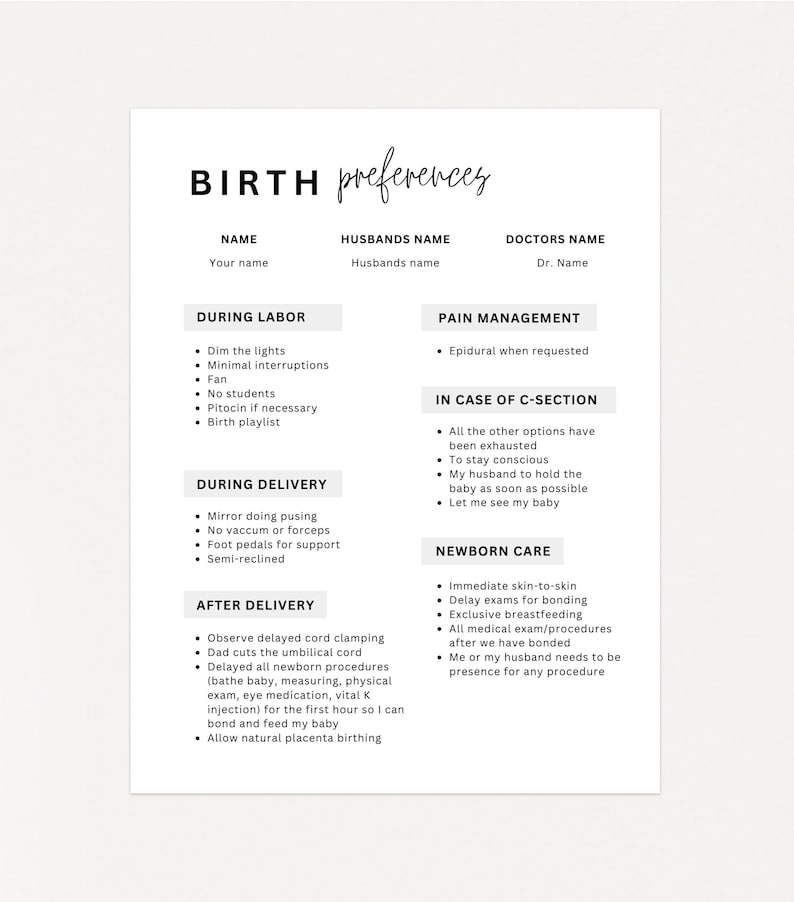 Editable Birth Plan Template: Canva Printable Birthing Preferences image 1