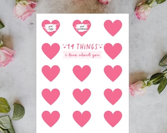 Puede incluir: Una tarjeta de San Valentín imprimible con 14 corazones rosas y el texto "14 COSAS QUE TE AMO".