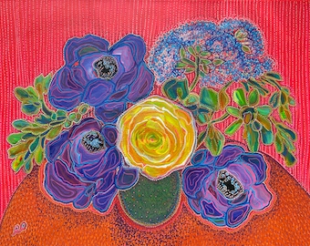 May include: A painting of a bouquet of flowers in a vase. The flowers are purple, yellow, and blue. The vase is green and has a brown background. The background is red with a dotted pattern.