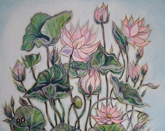 Original painting "Lotuses on a blue background"
