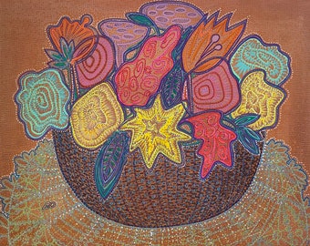 Original painting "Bouquet on a lace napkin”