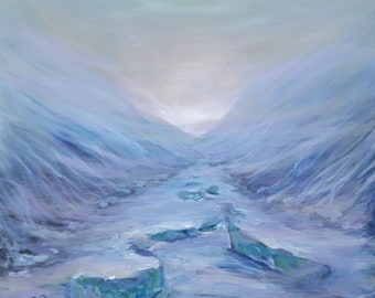 Original painting "Winter Fog over a frozen mountain Lake"