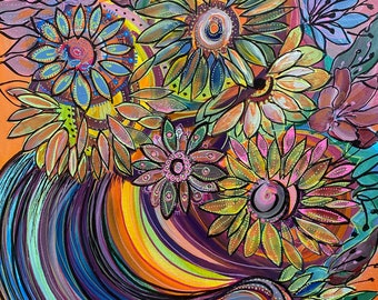 Original painting "Flowers in striped vase”