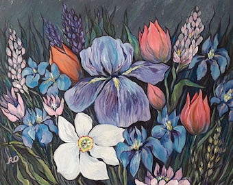 May include: A painting of a bouquet of flowers in shades of blue, purple, pink, and orange. The flowers include irises, tulips, and other wildflowers. The background is a dark gray.