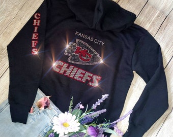 Kansas City Chiefs Unisex Rhinestone Black Hoodie Womens Sweatshirt Unisex Sizing Beautiful Bling Warm Heavy Sweater Hoodies Clothing Valresa Com