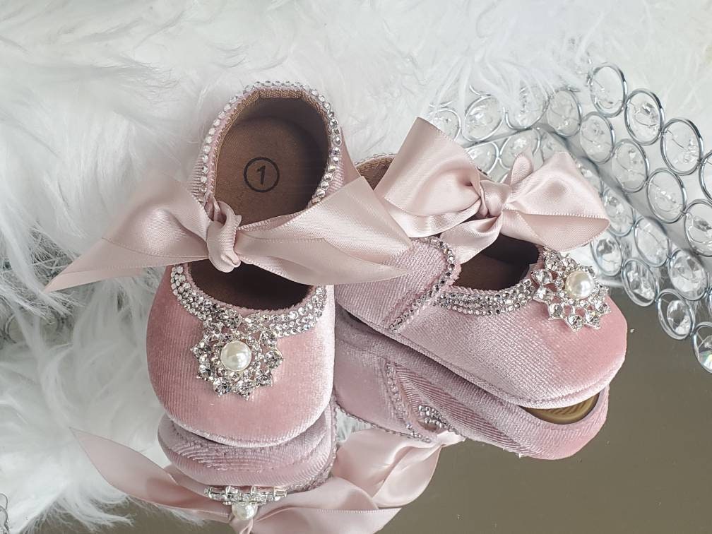 Infant Baby Girl Crib Shoes Pink Rhinestone Velvet bling shoes | Etsy