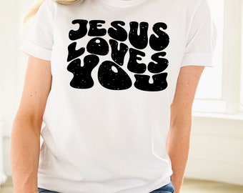 Jesus älskar dig PNG, kristen digital fil, retro trendig kristen skjorta PNG, trosbaserad skjortkonst, kärlek som Jesus PNG, kristna t-shirts,