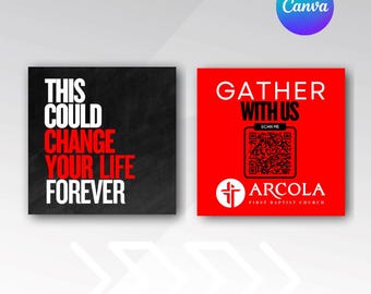 Square church invite, fully editable invitation template on Canva, church tracts, qr tracts, join us church, welcome cards, connect cards,