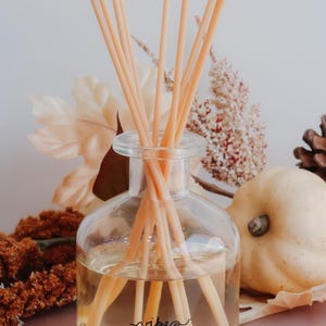 May include: A clear glass reed diffuser bottle filled with liquid, featuring the text "vibes CANDLES" in black. Several light peach-colored reeds are inserted into the bottle, extending upwards. The bottle is surrounded by autumn-themed decor.
