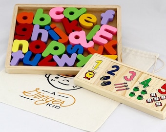 Rainbow Wooden Alphabet and Wooden Numbers Puzzle ,Boys and Girls Educational Toys, Montessori Toys, Learning Toys, Ages 2+