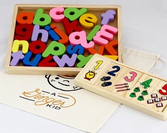 Rainbow Wooden Alphabet and Wooden Numbers Puzzle ,Boys and Girls Educational Toys, Montessori Toys, Learning Toys, Ages 2+