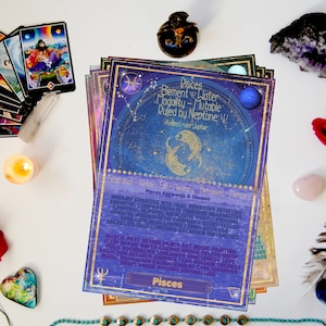 Aide-mémoire pour les signes du zodiaque Apprendre les bases de l'astrologie Outils de lecture de thème astral avec Grimoire Pages du noeud papillon Art astrologique imprimable Cartes-éclair avec horoscope