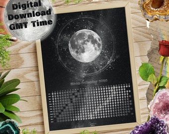 Moon Calendar 2024 Printable Instant Download GMT Lunar Calendar Digital Download Moon Phase Art Black and White Celestial Digital Print