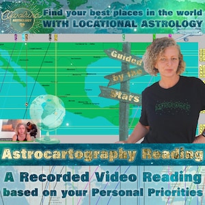 May include: Image promoting locational astrology services. Features a woman in a black shirt with the word "ASTROLOGER" on it, standing in front of a map and a sign that says "Guided by the Stars". Text includes "Astrocartography Reading" and "Find your best places in the world".