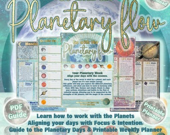 Könnte beinhalten: Digitaler Download-Grafik mit dem Text "Go with the Planetary Flow" in goldener Schrift. Das Bild enthält einen Wochenplaner, einen PDF-Leitfaden und einen druckbaren Planer, die sich alle auf die Ausrichtung der Tage mit Fokus und Absicht konzentrieren.