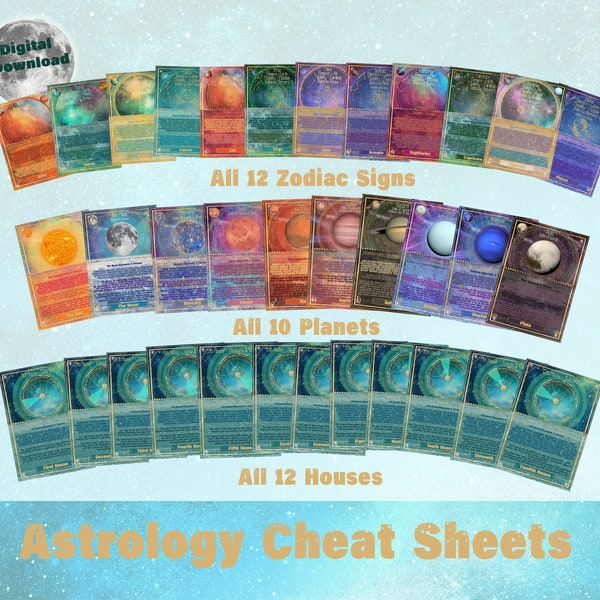 Astrology Cheat Sheets Learn Astrology Basics Zodiac Signs Planets Houses Astrology Flashcards Printable Birth Chart Reading Tools Grimoire