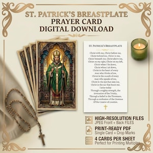 Könnte beinhalten: Ein digitales Download-Set mit St. Patrick's Breastplate Gebetskarten. Die Karten zeigen eine Illustration von St. Patrick in grünen Gewändern und den vollständigen Gebetstext. Enthält einen Holzrosenkranz und ein grünes Glaslicht.