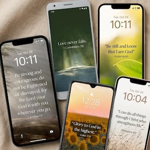 May include: A collection of five smartphones displaying Christian-themed wallpapers. Each phone shows a different design with inspirational quotes from the Bible. The text "12 Christian Wallpapers" and "Lock Screen + Home Screen Bundle" are also visible.