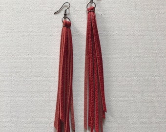 Red Leather Tassel Earrings