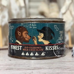 Werewolf & Witch Halloween Candy Tin – Vintage Spooky Treat Can – Old-Fashioned Chocolate Kisses–Retro Kitchen Decor – Exclusive Handmad