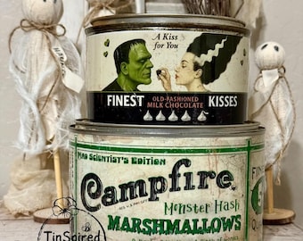 Frankenstein Halloween Tin Set – Bride of Frankenstein Kisses + Monster Hash Campfire Marshmallows | TinSpired Handmade Vintage-Inspired