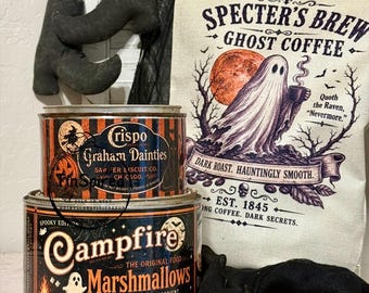 Vintage Halloween Campfire Tin Set | Ghost Marshmallow Decor, Primitive Farmhouse Fall Display