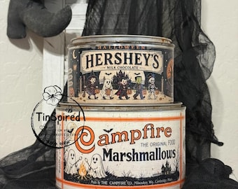 Vintage Halloween Ghost Campfire & Haunted Chocolate Tins | Primitive Farmhouse Decor