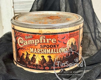 Vintage-Inspired Halloween Candy Tin | Primitive Fall Decor | Rustic Ghost Marshmallow Canister | Handmade Halloween Storage Tin