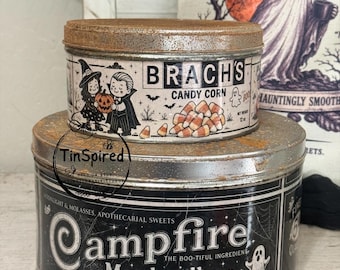 Vintage Halloween Candy Tin Set – Primitive Farmhouse Decor – Rustic Candy Corn & Campfire Marshmallow Tins – Halloween Kitchen Shelf Decor