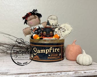 Extra Large Vintage-Style Black Campfire Marshmallows Tin – Handmade Decorative Rusted Metal Canister 8.5 inches by 5 inches tall