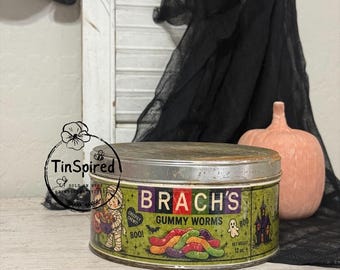 Vintage Halloween Gummy Worms Tin – Rustic Halloween Candy Tin – Primitive Farmhouse Decor – Halloween Candy Container – 6x3 Handmade Metal