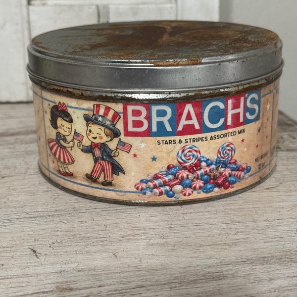 Vintage Patriotic Candy Tin – Stars & Stripes Americana – Rustic July 4th Decor – Collectible Red White Blue Metal Container