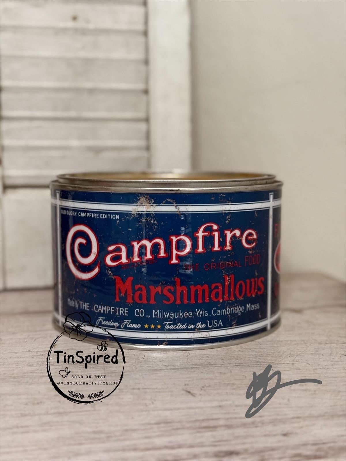 Americana Vintage inspired Handmade Campfire Marshmallow Large Tin