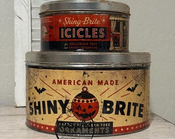 Vintage Halloween Shiny Brite Tin Set – Handmade Rustic Halloween Decor – Primitive Halloween Storage Tins – Farmhouse Spooky Display – Set