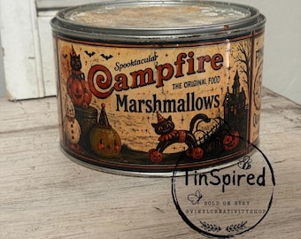 Vintage Halloween Candy Tin | Primitive Black Cat Decor | Rustic Fall Canister | Handmade Halloween Storage Tin