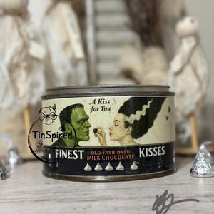 Frankenstein Halloween Candy Tin – Vintage Monster Treat Can – Bride of Frankenstein Decor – Spooky Chocolate Kisses Container – Gothic Gift
