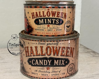 Primitive Halloween Candy Tins | Vintage Jack-o'-lanterns, Black Cats, Ghosts Decor