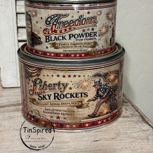 Vintage Fireworks Tin Set | Freedom Black Powder & Liberty Sky Rockets | Patriotic Americana Decor | Rustic Storage Canister Set
