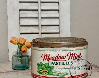 Vintage Meadow Mint Pastilles Tin | Farmhouse Kitchen Decor, Peppermint Storage