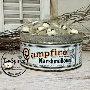 White Campfire Marshmallows Tin – Spooky Halloween Decor | Vintage-Inspired Candy Container | Handmade Tin | Apothecary Style