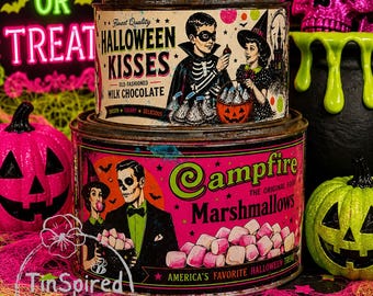 Vintage Halloween Kisses Nesting Tins | Neon Retro Candy Canisters, Rustic Decor