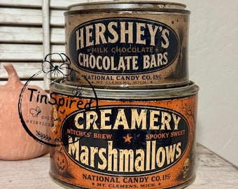 Vintage Halloween Candy Tins | Witches Brew Marshmallow & Chocolate Tin Set | Primitive Halloween Decor | Handmade Rusted Tins