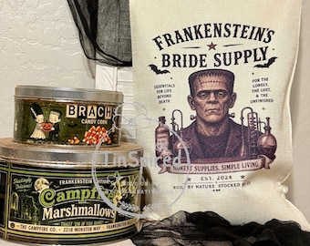 Vintage Halloween Candy Tin Set – Primitive Farmhouse Decor – Rustic Candy Corn & Campfire Marshmallow Tins – Halloween Kitchen Shelf Decor