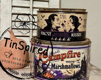 Vintage Vampire Halloween Tins | Campfire Marshmallow & Chocolate Kisses Tin Set | Handmade Rusted Gothic Halloween Decor