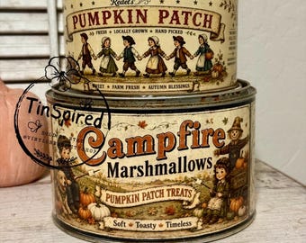 Primitive Fall Pumpkin Patch Tins | Campfire Marshmallow Tin | Vintage Farmhouse Autumn Decor | Handmade Rustic Kitchen Canisters