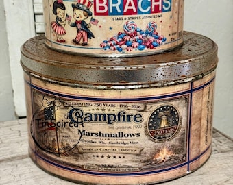 Vintage Inspired Patriotic Campfire Marshmallows Tin Set | Americana Candy Storage Tins