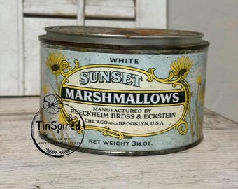 Vintage Style Marshmallow Tin Rustic Farmhouse Storage Canister Primitive Daisy Floral Tin Campfire Kitchen Decor Gift Idea
