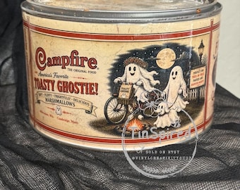 Vintage Ghost Halloween Decor | Primitive Farmhouse Fall Tin | Rustic Campfire Marshmallow Canister | Handmade Halloween Storage Tin