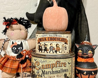 Vintage Halloween Treat Tin Set | Campfire Marshmallows & Milk Chocolate Candy Tins | Primitive Farmhouse Decor | Rustic Gift